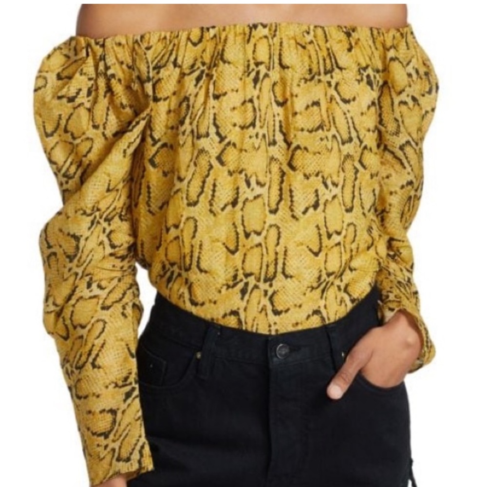 FRAME Off-The-Shoulder Billow Blouse Snake Blouse Top Size Medium Yellow - Picture 2 of 11